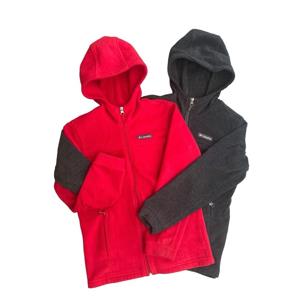 Lot of 2 Columbia Kids Fleece Hoodie Jacket Size M 10/12 Red Gray Zip Pockets